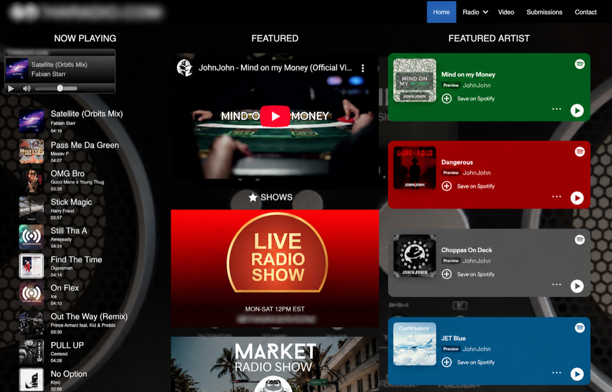 Anonymized public radio website showing now-playing tracks and featured artists