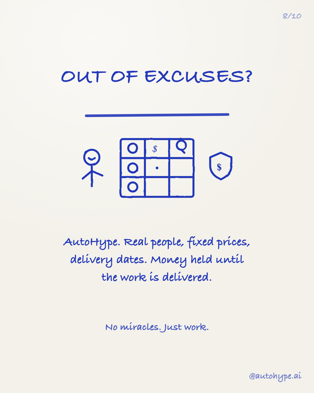 Out of excuses? A stick figure next to a marketplace grid and an escrow shield: AutoHype — real people, fixed prices, delivery dates, money held until the work is delivered. No miracles. Just work.