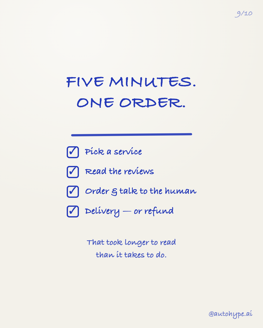 Five minutes, one order — a checklist: pick a service, read the reviews, order and talk to the human, delivery or refund. That took longer to read than it takes to do.