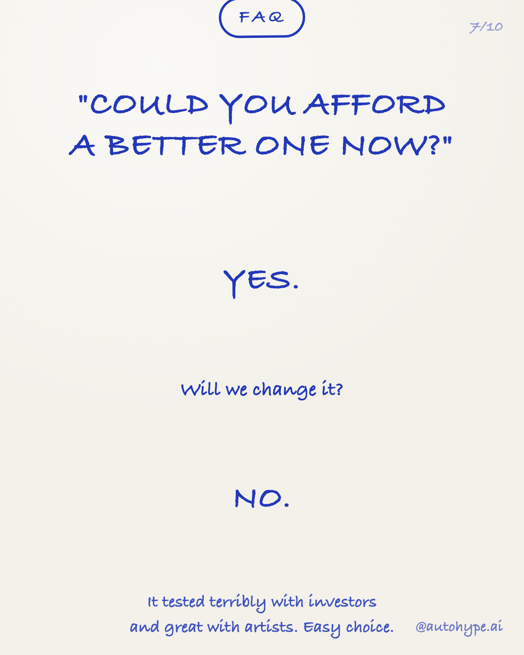 FAQ — 'Could you afford a better one now?' Yes. 'Will we change it?' No. It tested terribly with investors and great with artists. Easy choice.