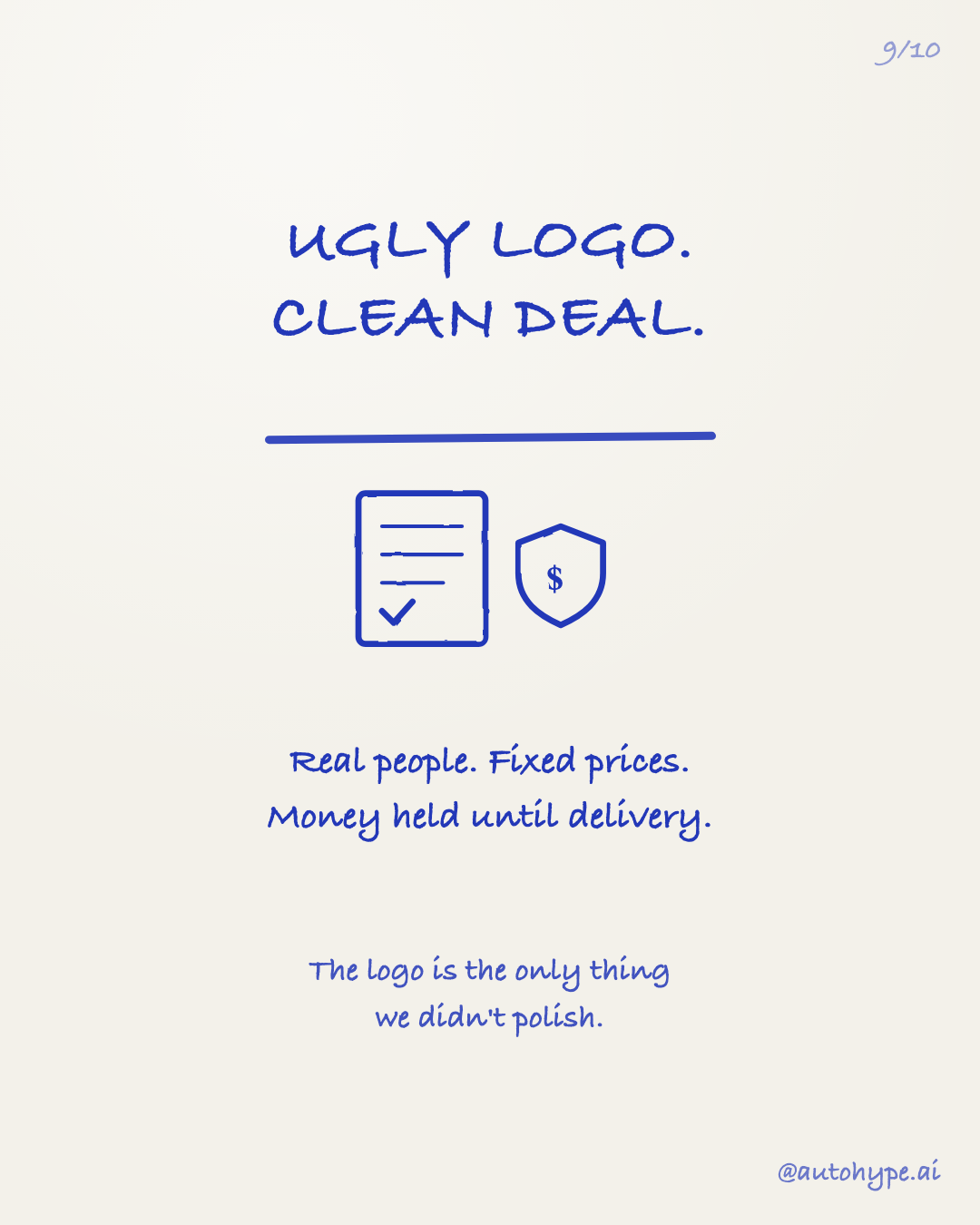 Ugly logo, clean deal — a ticked contract and an escrow shield: real people, fixed prices, money held until delivery. The logo is the only thing we didn't polish.