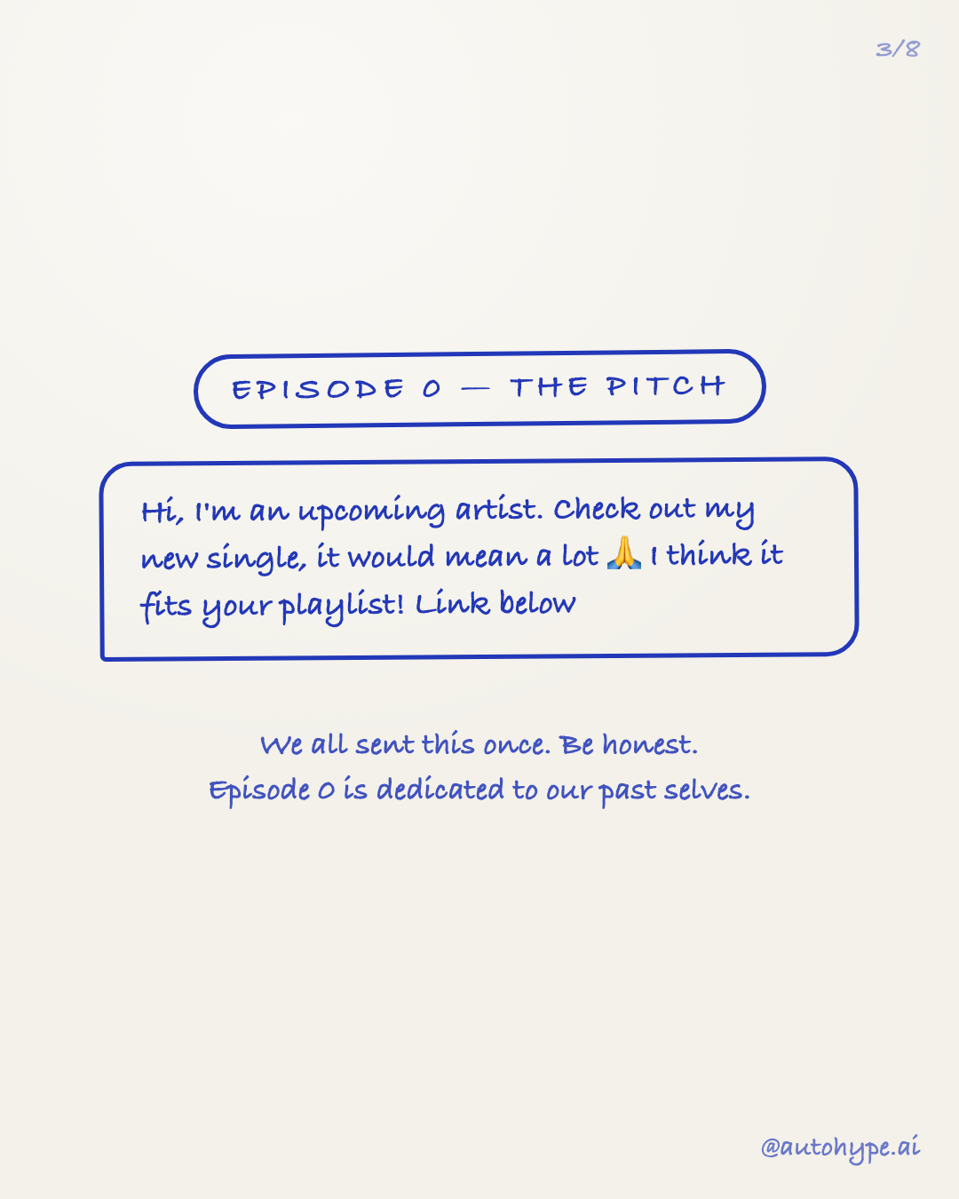 Slide 3 — Episode 0, the pitch: 'Hi, I'm an upcoming artist. Check out my new single, it would mean a lot 🙏 I think it fits your playlist! Link below.' We all sent this once. Episode 0 is dedicated to our past selves.