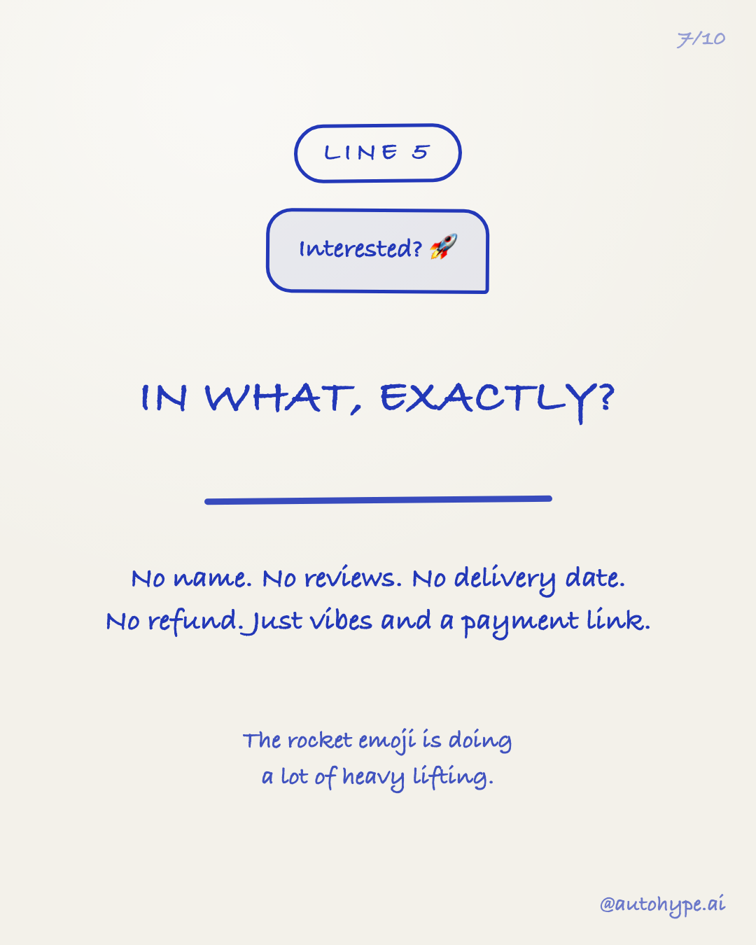 Line 5 dissected: 'Interested? π' β in what, exactly? No name, no reviews, no delivery date, no refund. Just vibes and a payment link