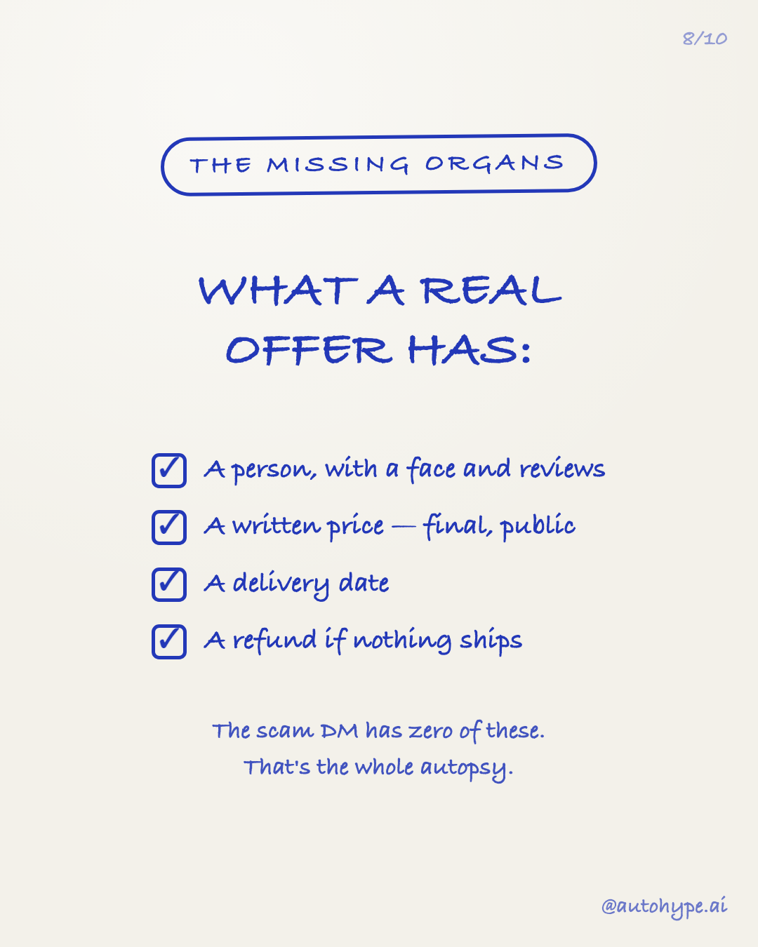 The missing organs β what a real offer has: a person with a face and reviews, a written public price, a delivery date, a refund if nothing ships. The scam DM has zero of these