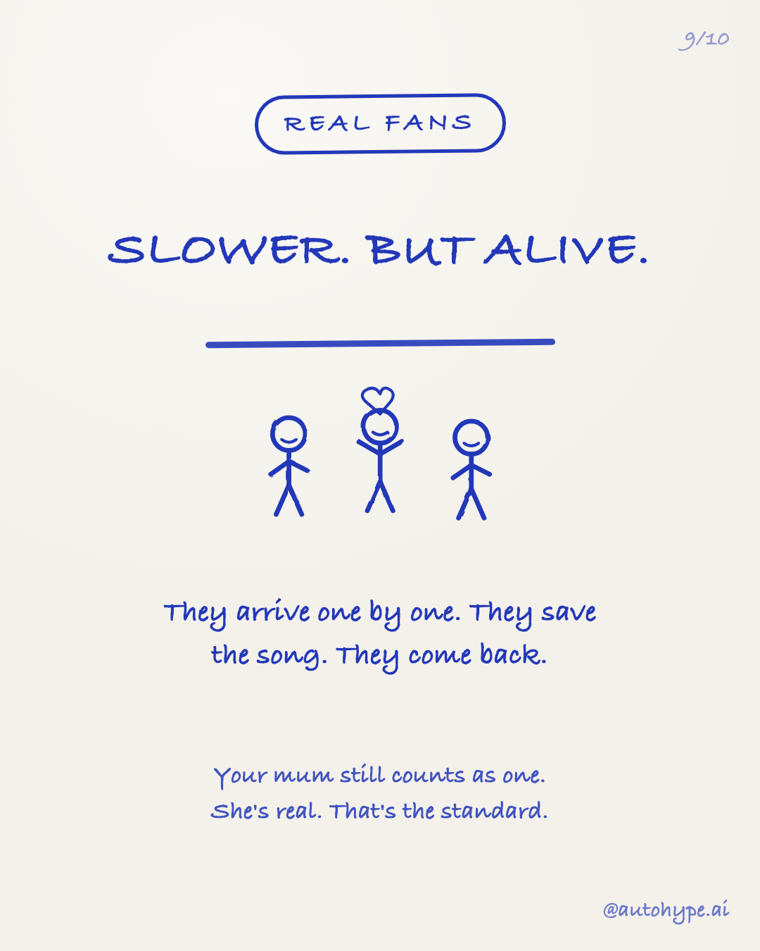 Real fans: slower, but alive — a small crowd of stick people. They arrive one by one, save the song, come back. Your mum still counts as one. She's real. That's the standard