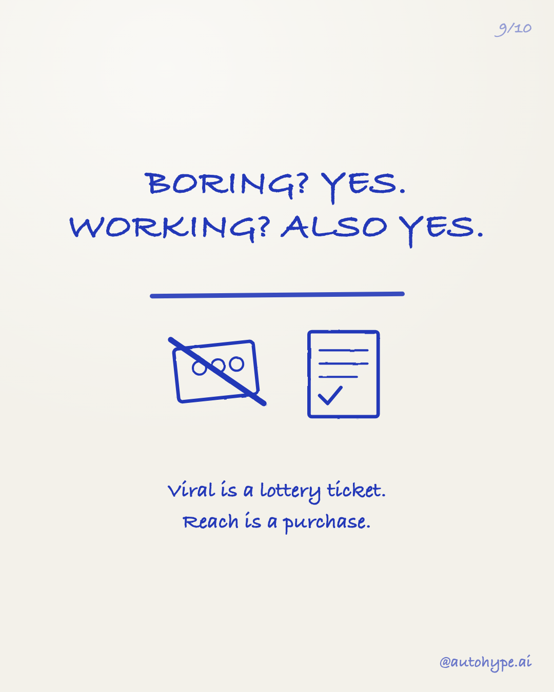 'Boring? Yes. Working? Also yes.' A crossed-out lottery ticket next to a checked receipt: viral is a lottery ticket, reach is a purchase.