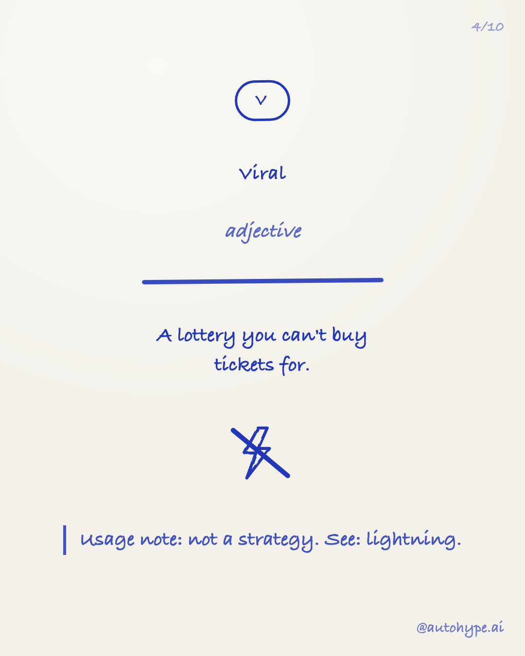 Viral (adjective): a lottery you can't buy tickets for — crossed-out lightning bolt doodle. Usage note: not a strategy. See: lightning