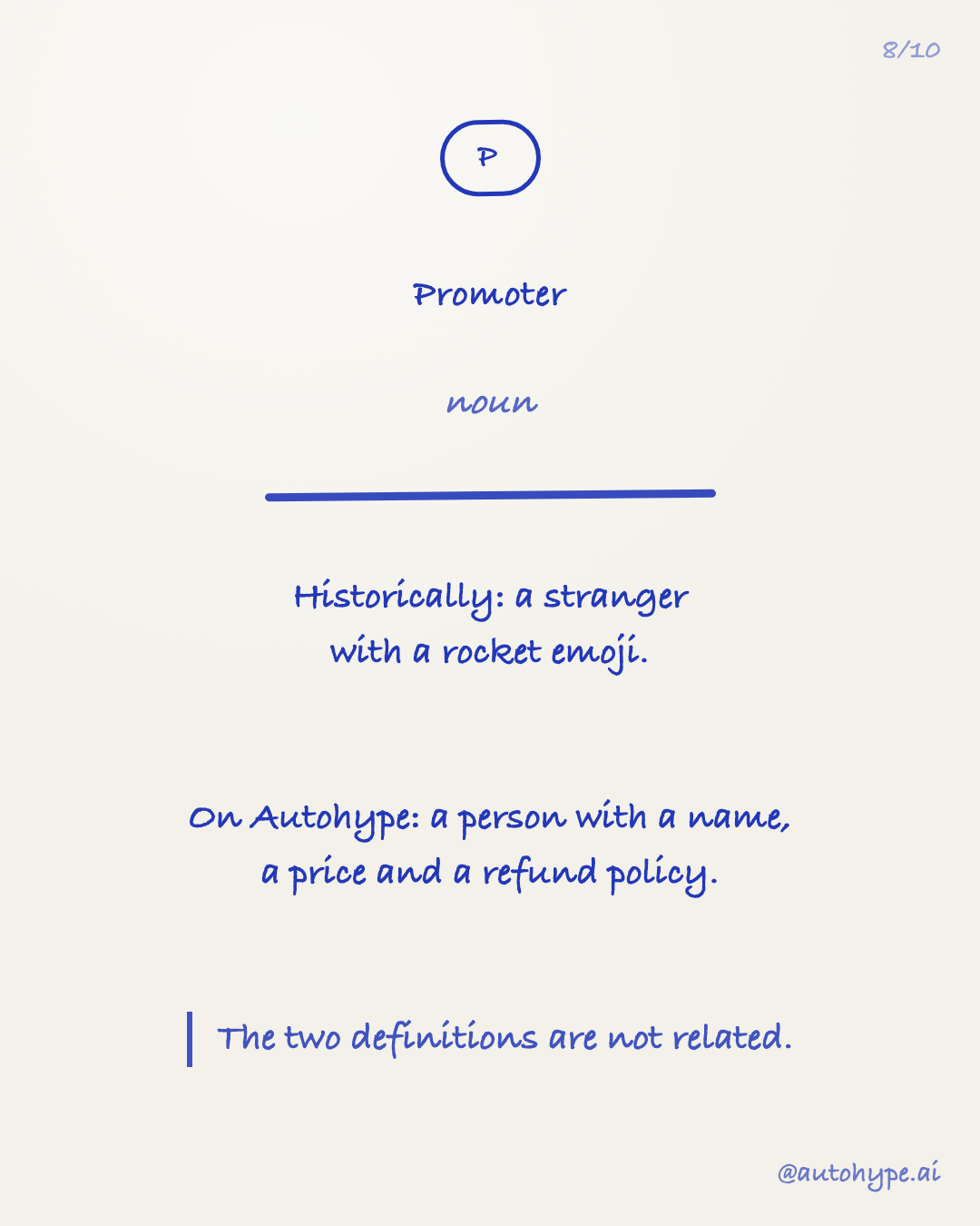 Promoter (noun): historically, a stranger with a rocket emoji. On Autohype: a person with a name, a price and a refund policy. The two definitions are not related