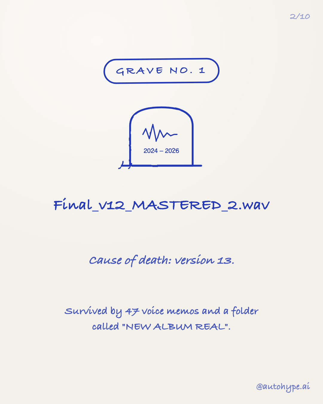 Grave No. 1 — a tombstone engraved with a waveform: Final_v12_MASTERED_2.wav, 2024–2026. Cause of death: version 13. Survived by 47 voice memos and a folder called 'NEW ALBUM REAL'.