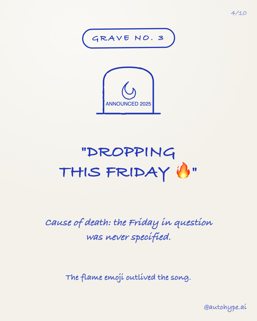Grave No. 3 — a tombstone with a flame: 'Dropping this Friday 🔥', announced 2025. Cause of death: the Friday in question was never specified. The flame emoji outlived the song.