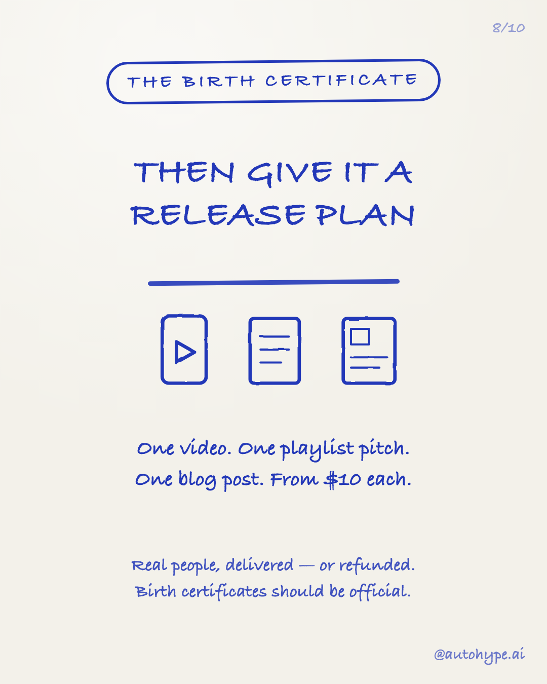 The birth certificate — then give it a release plan: one video, one playlist pitch, one blog post, from $10 each. Real people, delivered — or refunded.