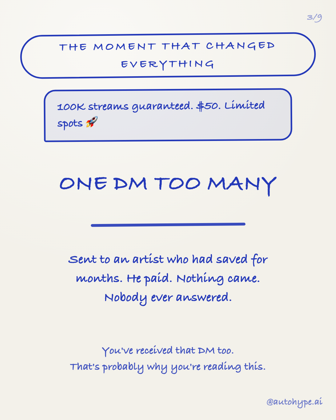The moment that changed everything — a DM bubble reading '100K streams guaranteed. $50. Limited spots 🚀': one DM too many. You've received that DM too. That's probably why you're reading this.