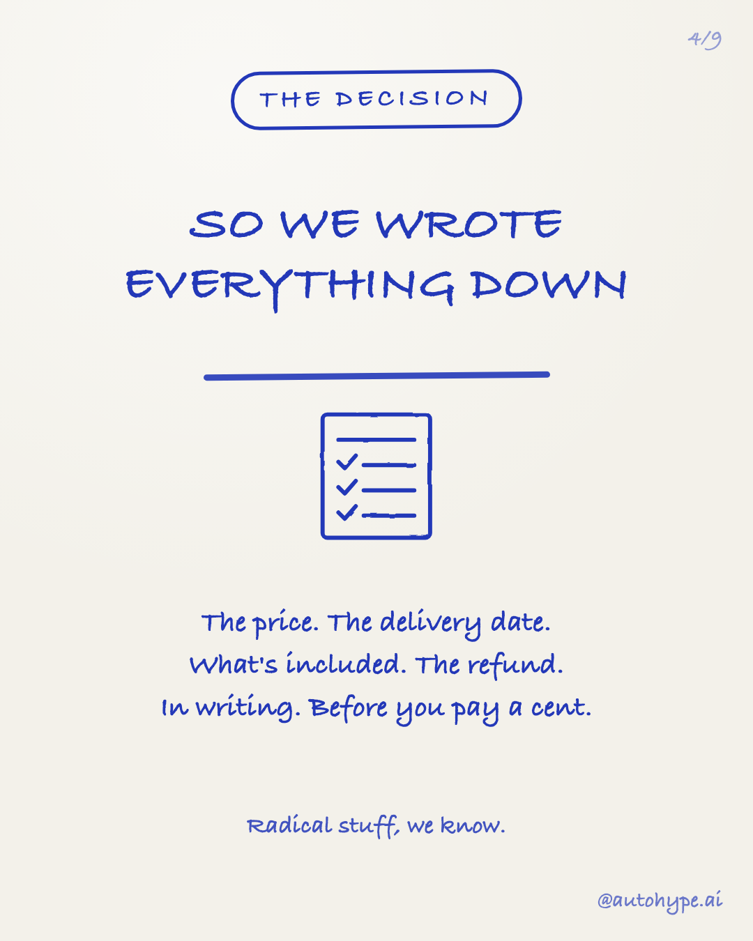 The decision — a hand-drawn contract with ticked boxes: so we wrote everything down. The price, the delivery date, what's included, the refund. In writing, before you pay a cent. Radical stuff, we know.