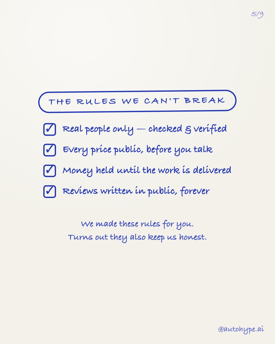 The rules we can't break — a four-item checklist: real people only, checked and verified; every price public before you talk; money held until the work is delivered; reviews written in public, forever.
