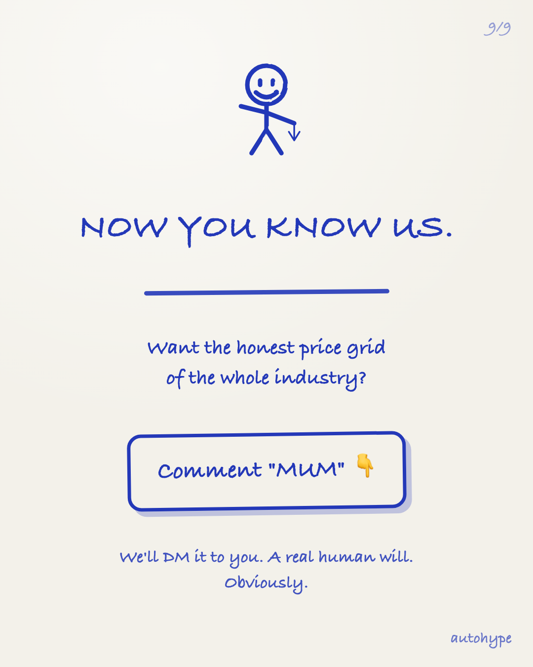 Now you know us — the mascot points at a comment box: want the honest price grid of the whole industry? Comment 'MUM' and a real human will DM it to you. Obviously.