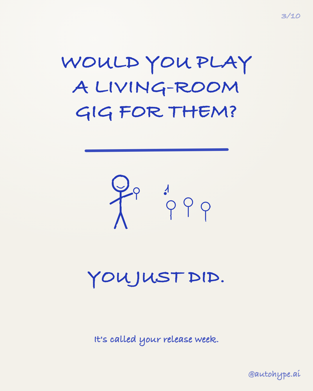 Would you play a living-room gig for them? You just did. It's called your release week.