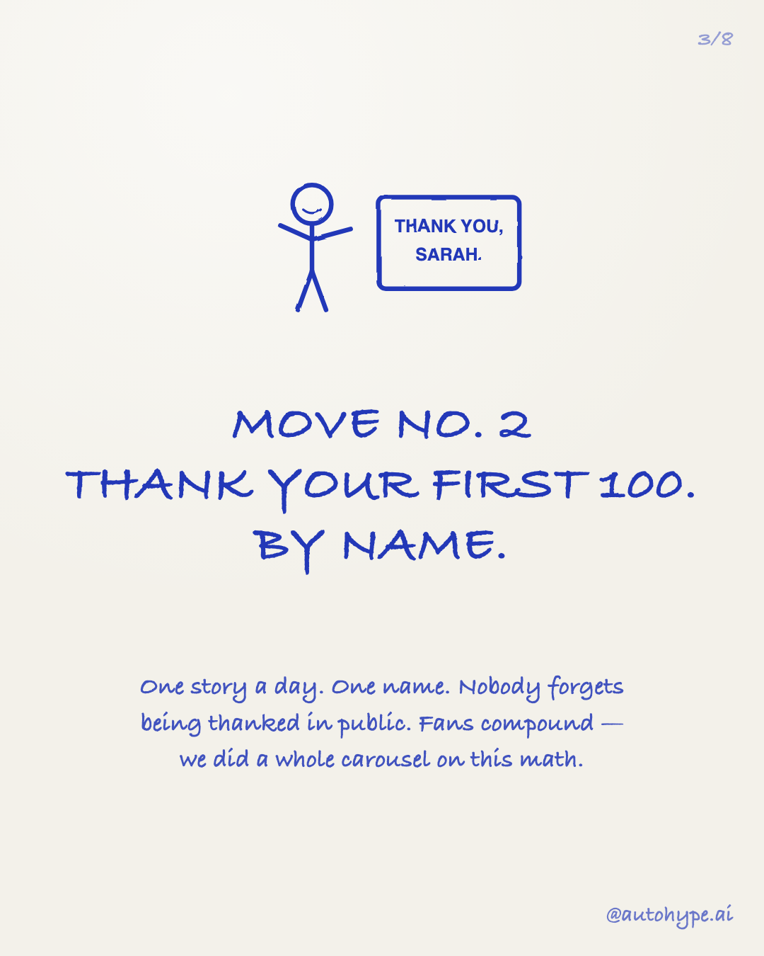 Slide 3 — Move No. 2: thank your first 100 fans, by name. A stick figure holds a sign reading 'Thank you, Sarah.' One story a day, one name — nobody forgets being thanked in public.